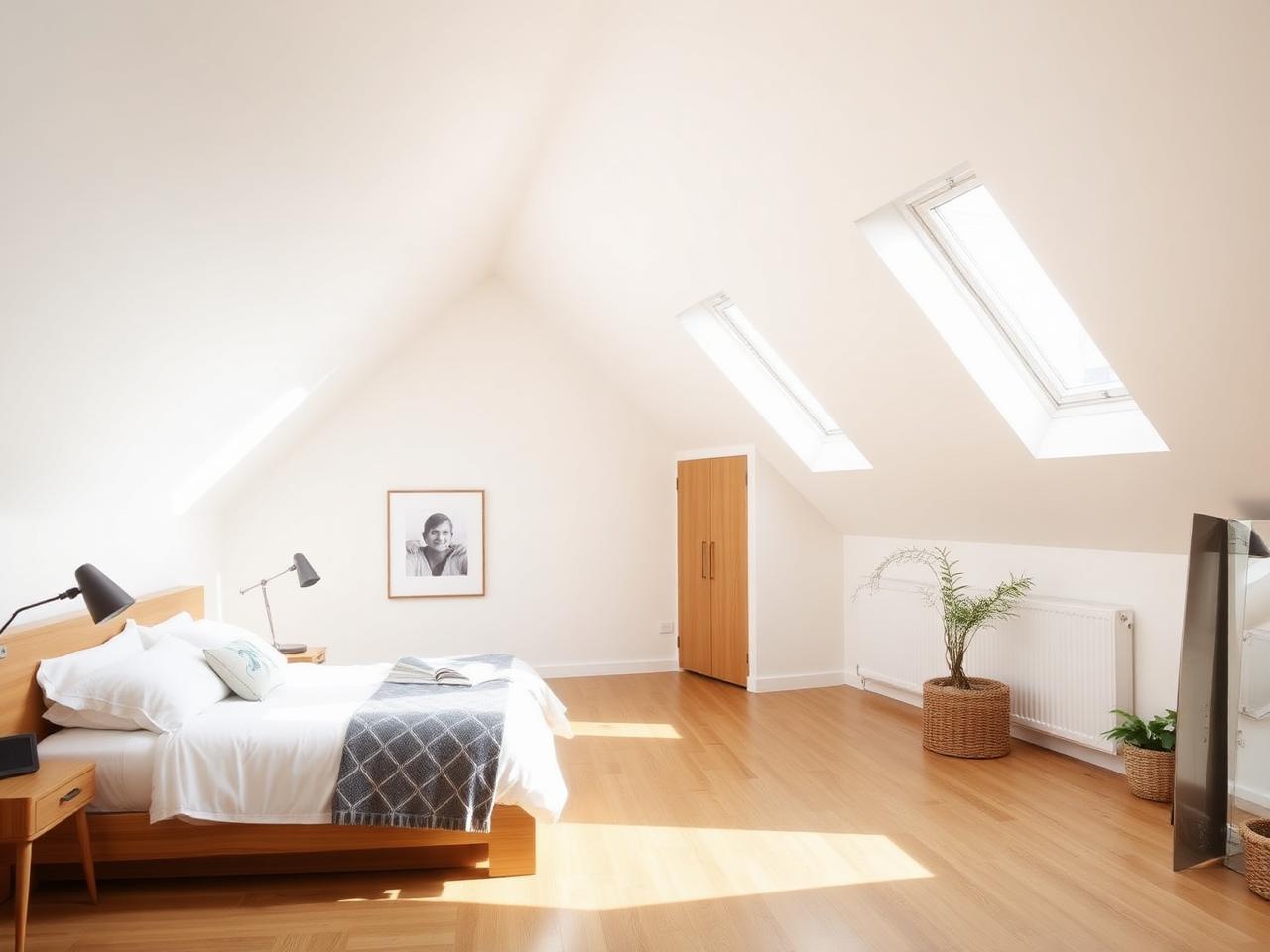 Modern dormer loft master bedroom with oak floor and skylights