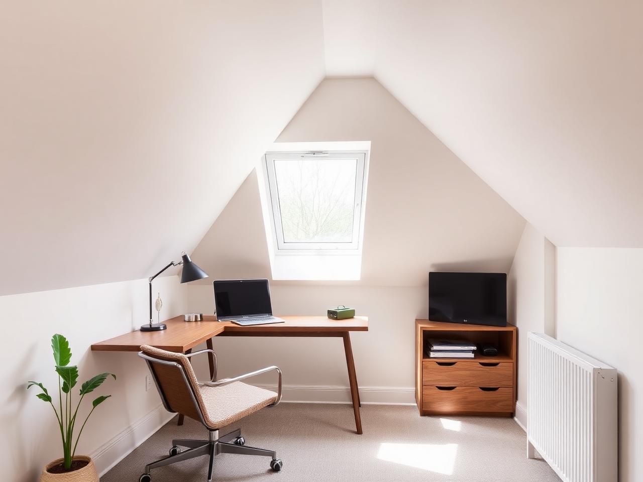 Dormer loft home office with walnut desk under window