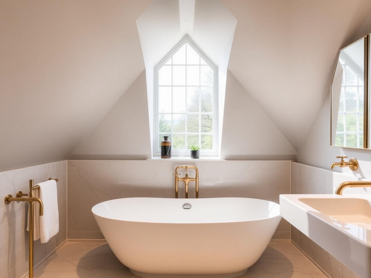 Dormer loft ensuite bathroom with freestanding bath and brass fixtures