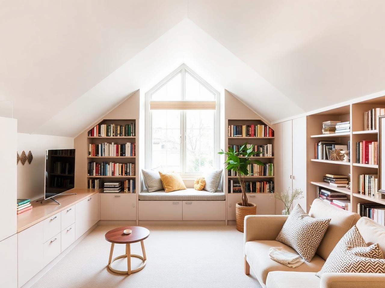 Dormer loft reading lounge with built-in bookshelves and window seat