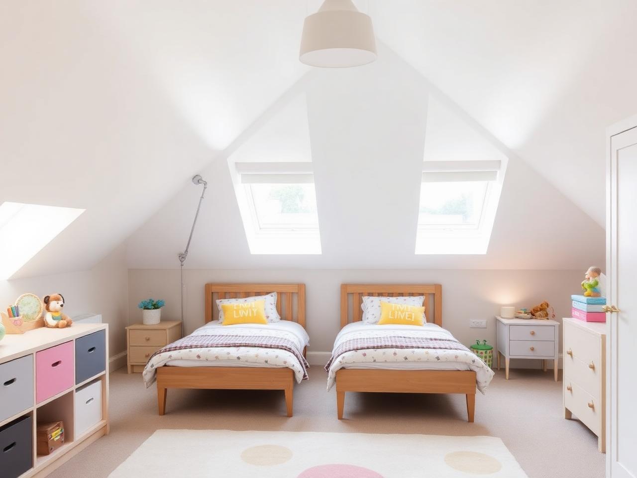 Dormer loft children's bedroom with twin beds and skylights