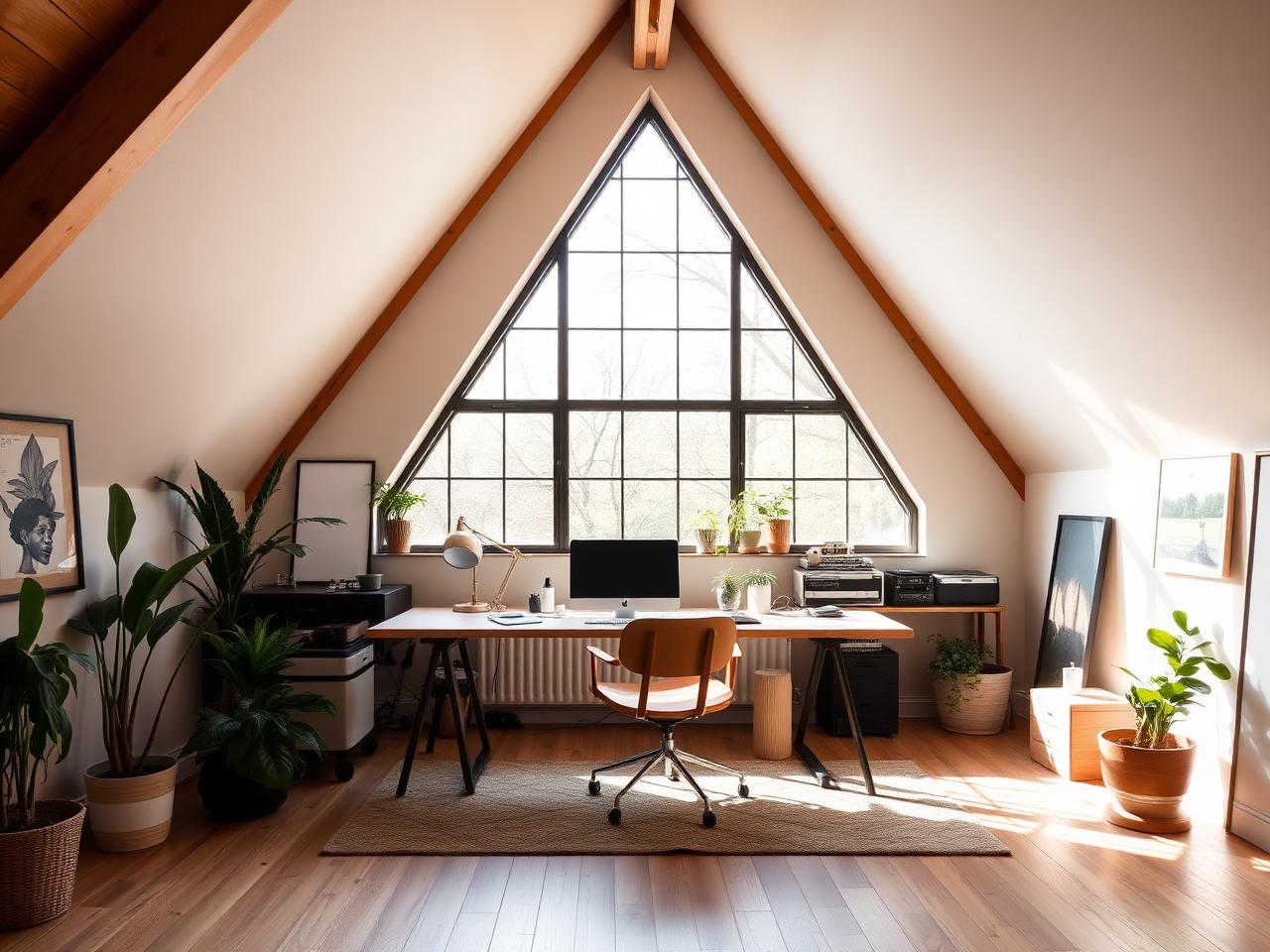 Hip-to-gable loft home studio with large gable window