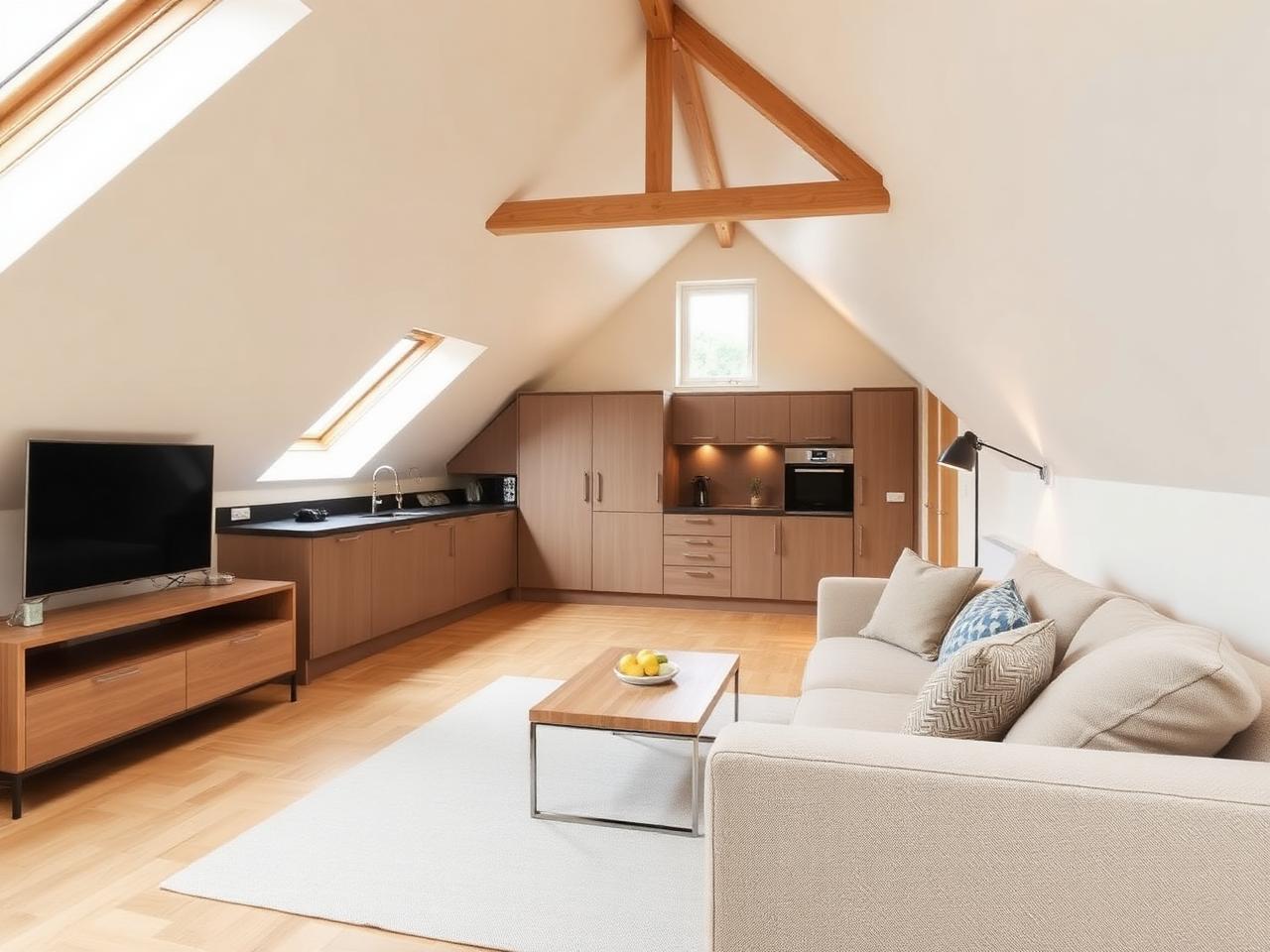 Hip-to-gable loft snug lounge with linen sofa and integrated joinery