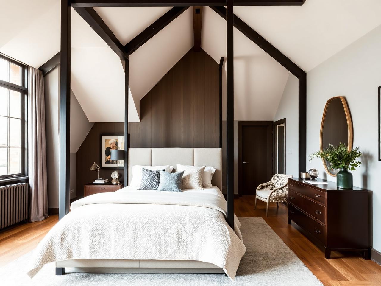 Mansard loft master bedroom with full-height vertical walls and tall sash window