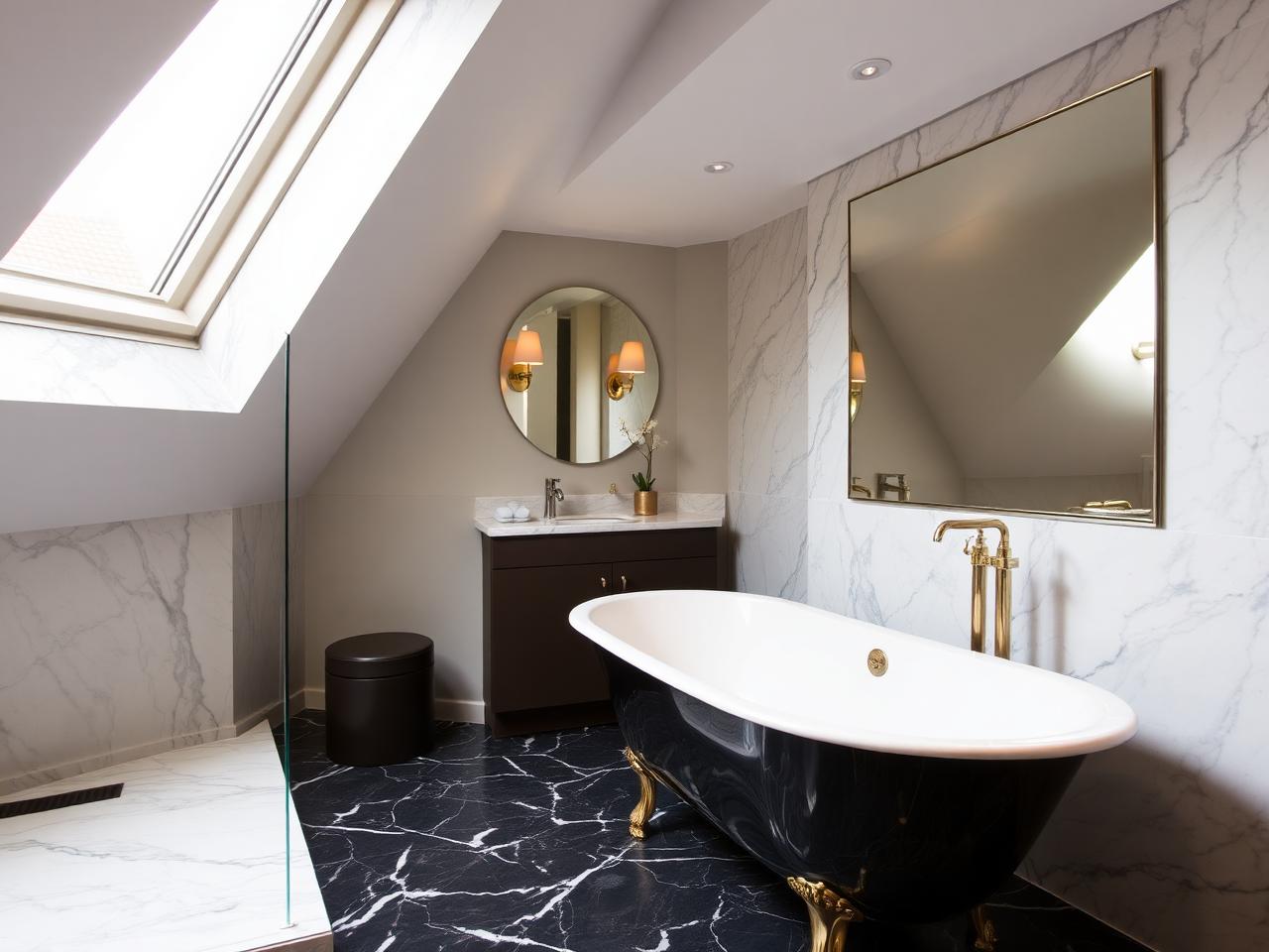 Mansard loft ensuite bathroom with freestanding bath and marble walls