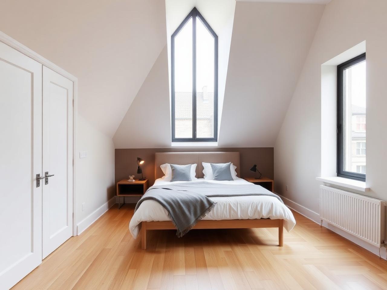 Mansard loft guest bedroom with neutral palette and tall window