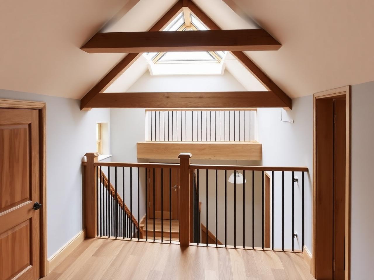 Mansard loft landing with bespoke oak staircase and skylight