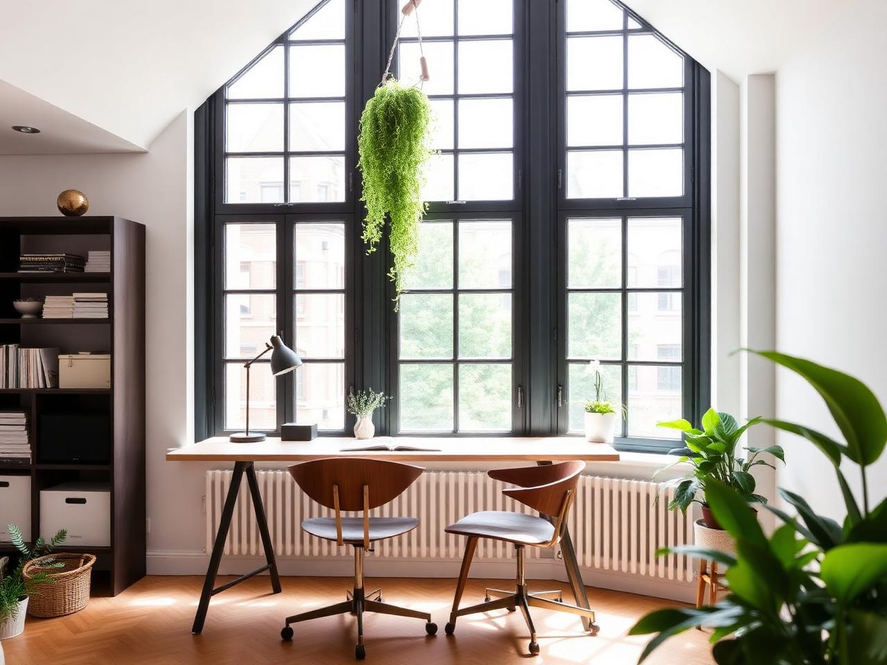 Mansard loft home office with desk under tall sash window