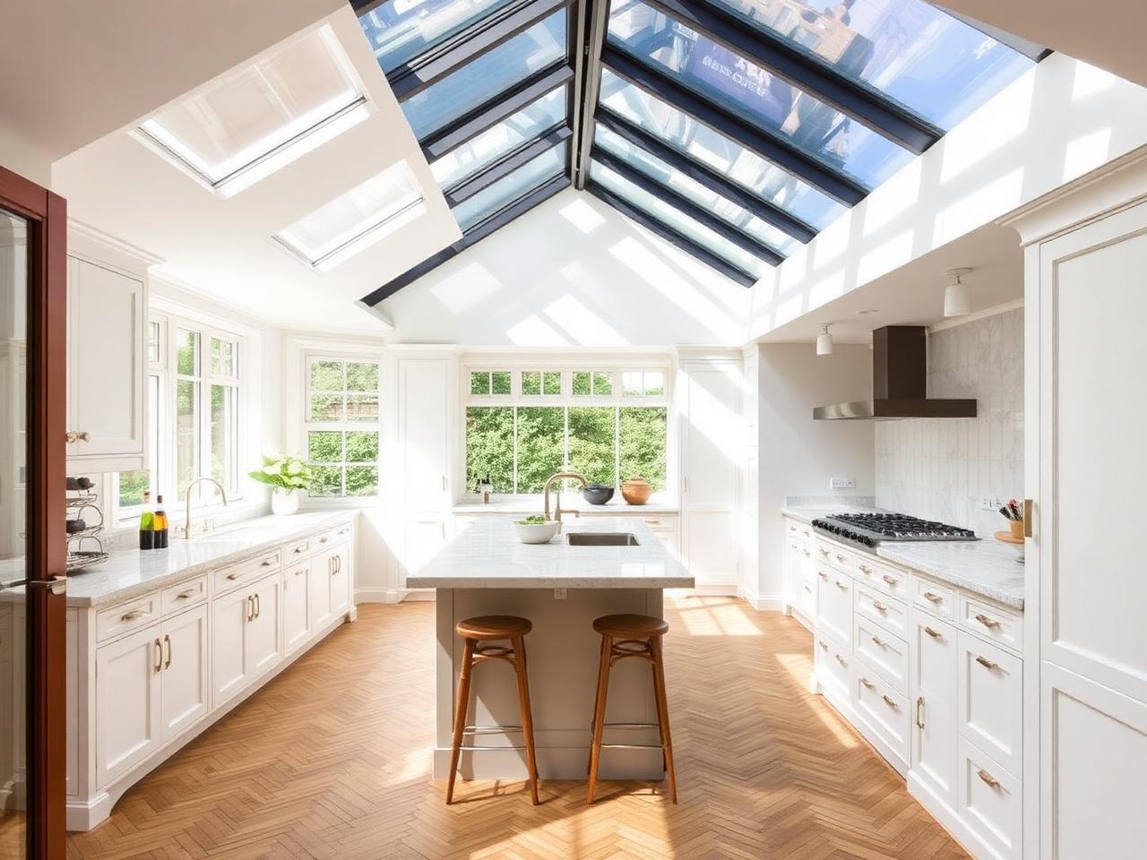 Modern London side-return kitchen extension with glazed roof and herringbone floor
