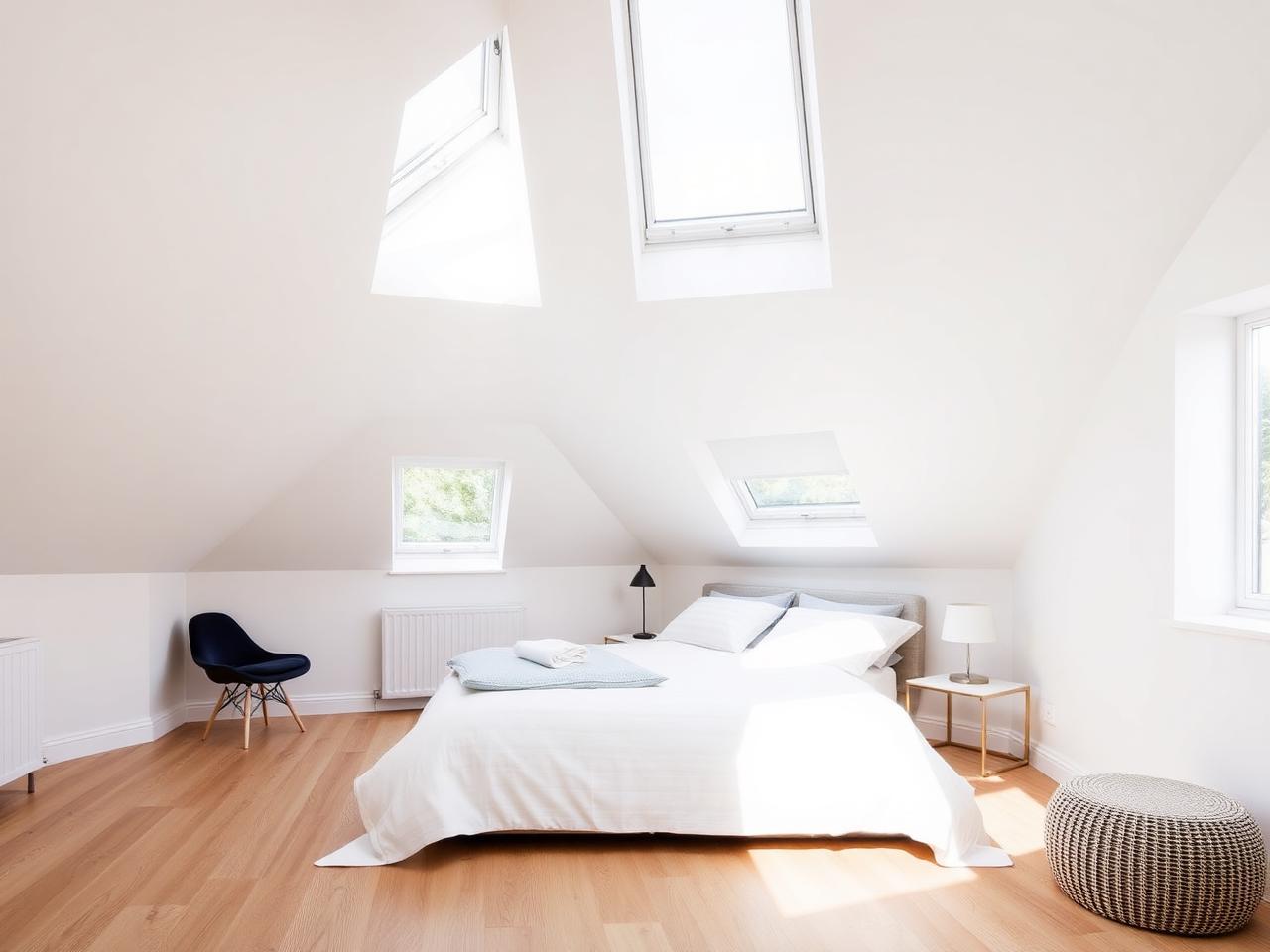 Velux loft master bedroom with two roof windows and oak floor