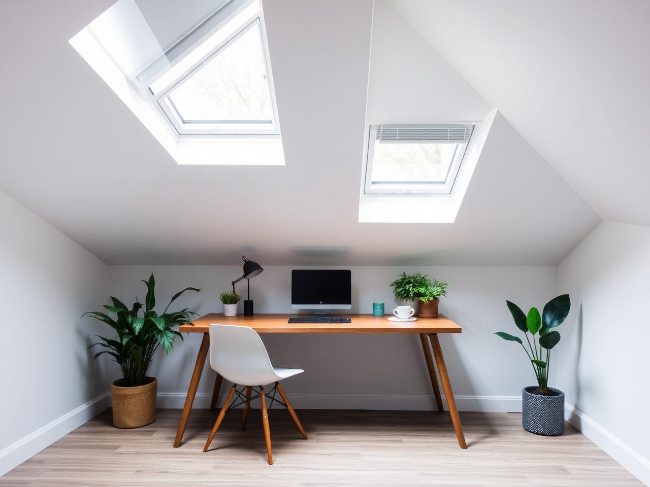 Velux loft home office with desk under twin roof windows