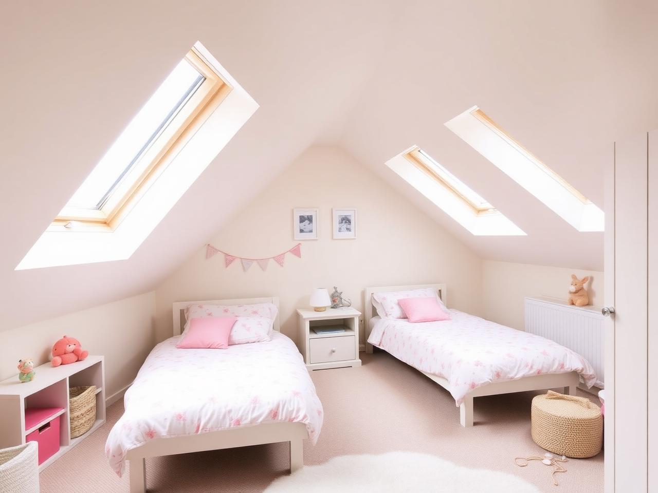 Velux loft children's room with twin beds beneath sloped ceiling