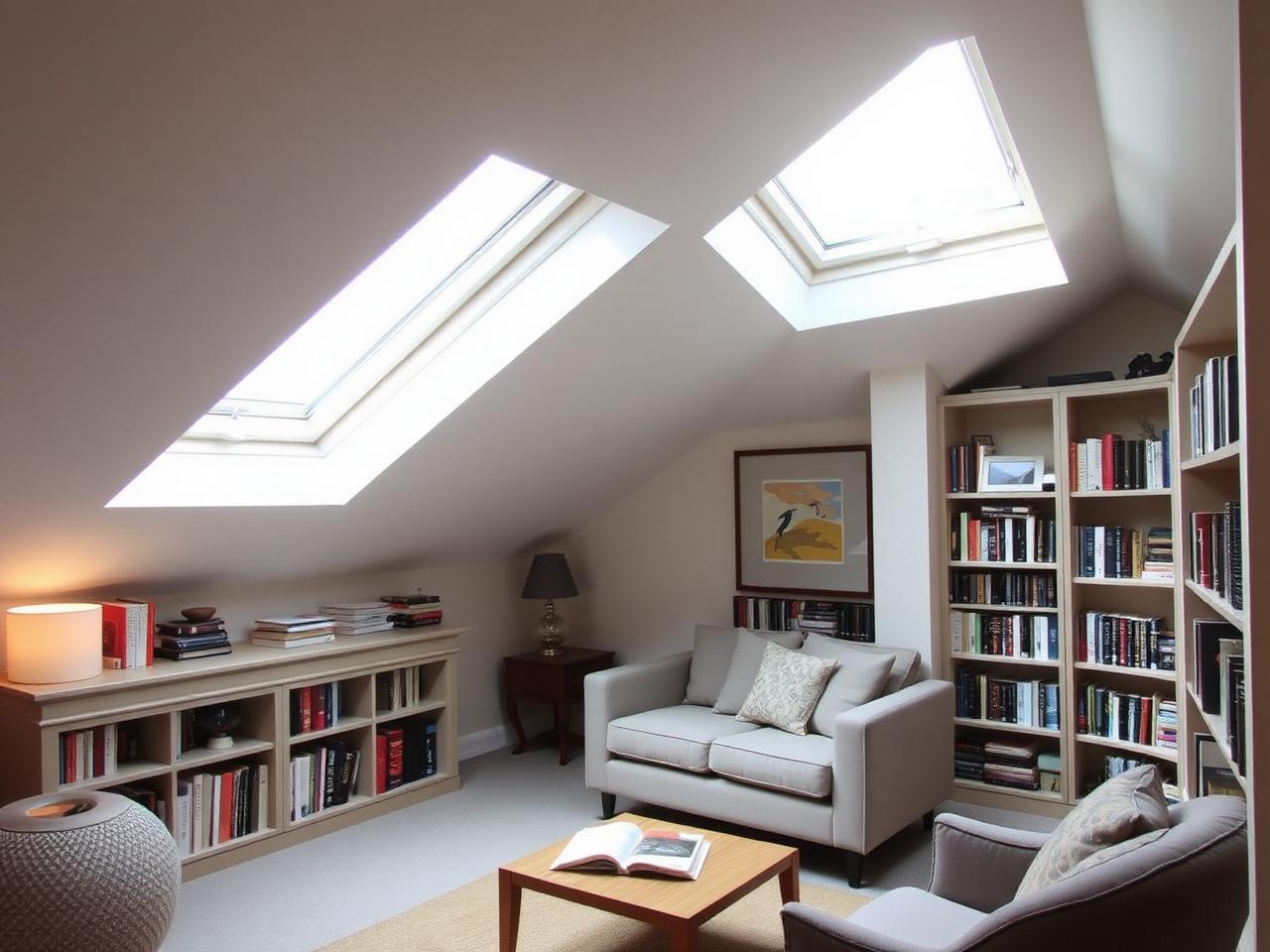 Velux loft reading snug with linen sofa and built-in bookshelves