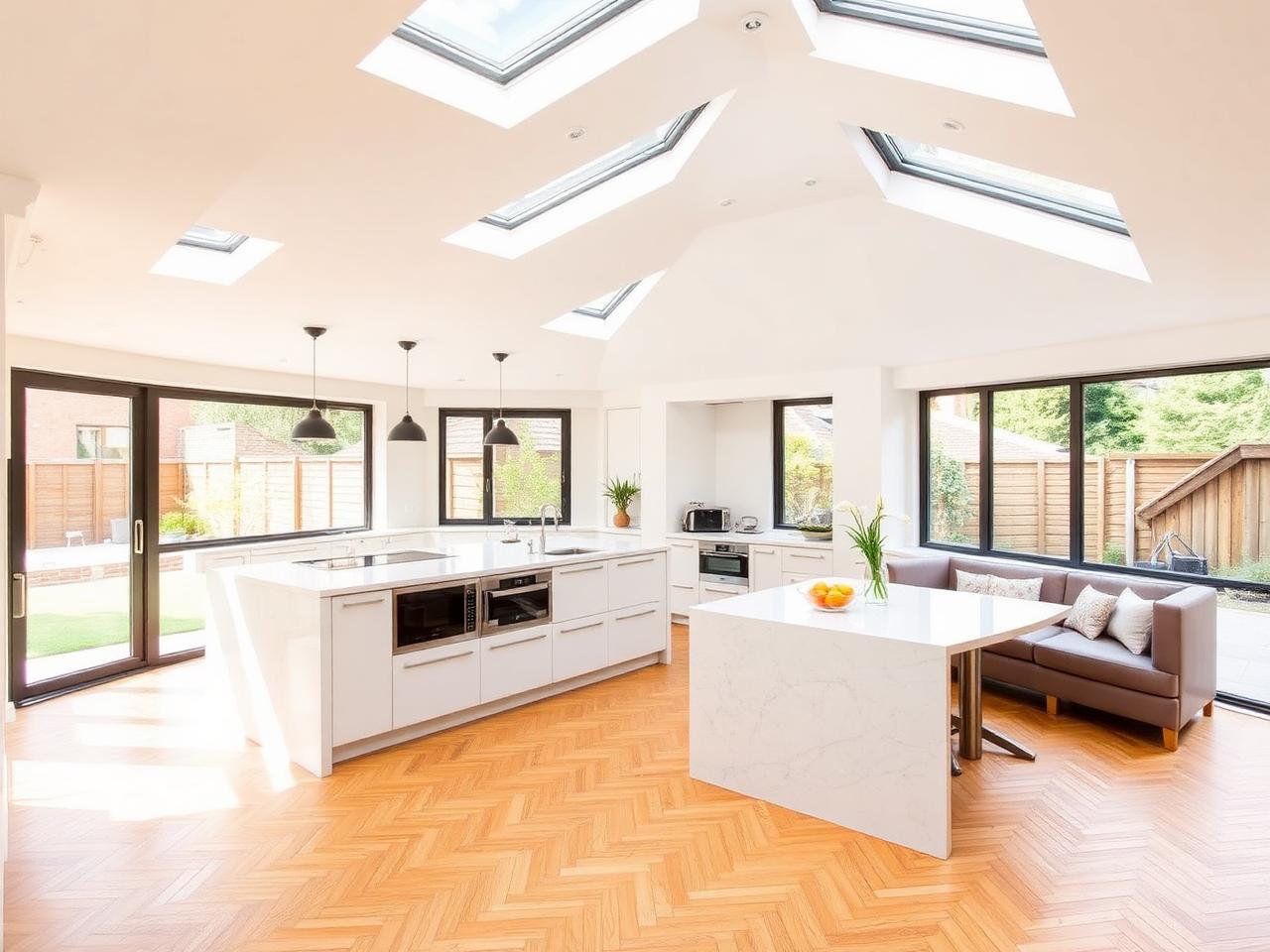Modern London wraparound kitchen extension with corner sliding doors and skylights